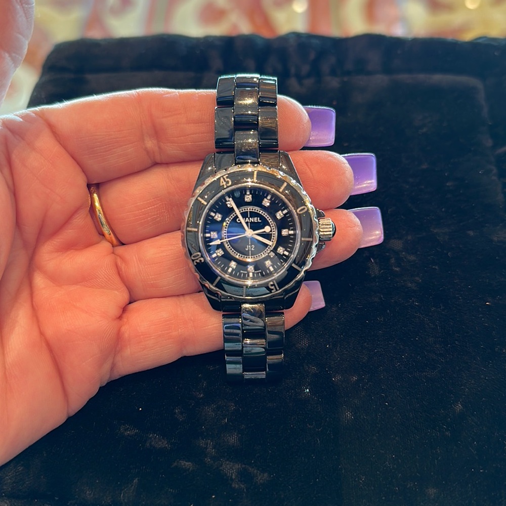 Chanel black J 12 Ceramic ladies watch with diamond dial size 33mm. Quartz